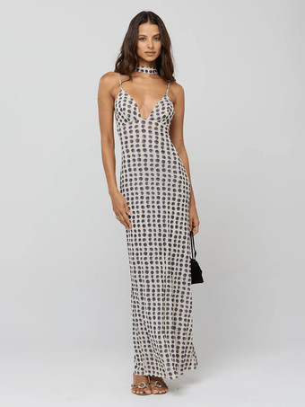 水玉模様のスリップマキシドレス（レディース） - ヴィンテージ風ディープVネック、背中開き、ボディコンロングドレス（スカーフ付き） - サマーパーティーナイト2026