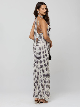 水玉模様のスリップマキシドレス（レディース） - ヴィンテージ風ディープVネック、背中開き、ボディコンロングドレス（スカーフ付き） - サマーパーティーナイト2026