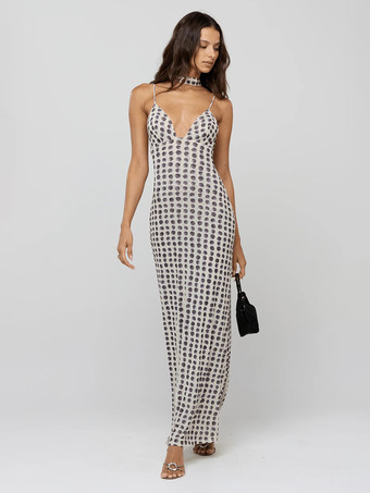 ホワイト 水玉模様のスリップマキシドレス（レディース） - ヴィンテージ風ディープVネック、背中開き、ボディコンロングドレス（スカーフ付き） - サマーパーティーナイト2026
