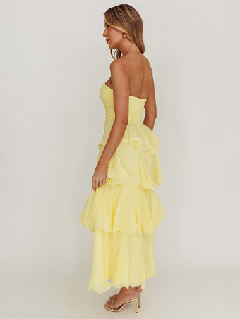 ティアードフリルマキシドレス（女性用） - ノースリーブレイヤードAラインチューブサマードレス - 夏の結婚式ゲスト向け 2026