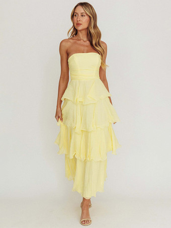 ティアードフリルマキシドレス（女性用） - ノースリーブレイヤードAラインチューブサマードレス - 夏の結婚式ゲスト向け 2026