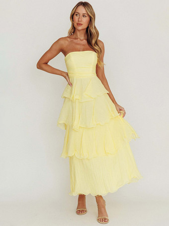 ベージュティアードフリルマキシドレス（女性用） - ノースリーブレイヤードAラインチューブサマードレス - 夏の結婚式ゲスト向け 2026