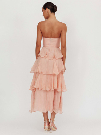 ティアードフリルマキシドレス（女性用） - ノースリーブレイヤードAラインチューブサマードレス - 夏の結婚式ゲスト向け 2026