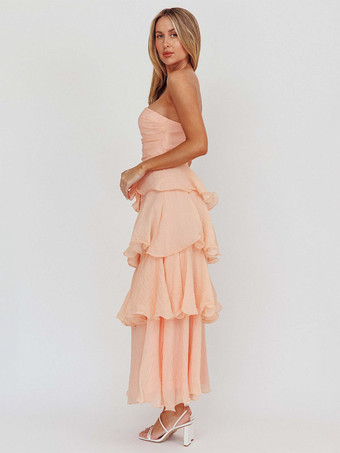 ティアードフリルマキシドレス（女性用） - ノースリーブレイヤードAラインチューブサマードレス - 夏の結婚式ゲスト向け 2026