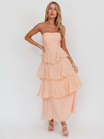 ライトピンクティアードフリルマキシドレス（女性用） - ノースリーブレイヤードAラインチューブサマードレス - 夏の結婚式ゲスト向け 2026