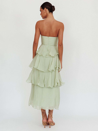 ティアードフリルマキシドレス（女性用） - ノースリーブレイヤードAラインチューブサマードレス - 夏の結婚式ゲスト向け 2026