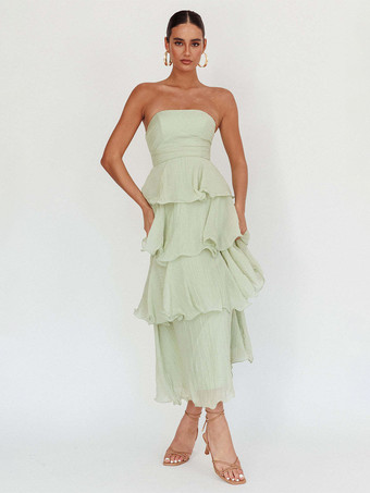 ライトグリーン ティアードフリルマキシドレス（女性用） - ノースリーブレイヤードAラインチューブサマードレス - 夏の結婚式ゲスト向け 2026
