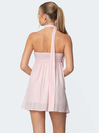 ギャザー入りミニシフォンドレス（女性用） - ピンクのハートネックホルターネックスカーフ付きAラインフィットフレアサマードレス - 夏の誕生日カクテルドレス 2026