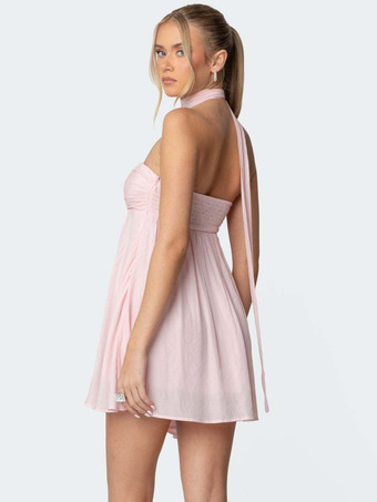 ギャザー入りミニシフォンドレス（女性用） - ピンクのハートネックホルターネックスカーフ付きAラインフィットフレアサマードレス - 夏の誕生日カクテルドレス 2026