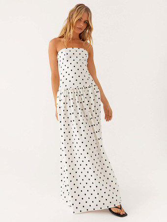 ストラップレスプリントマキシドレス（女性用） - ボヘミアン風バンドゥプリーツドロップウエストロングサマードレス - サマーガーデンパーティー2026