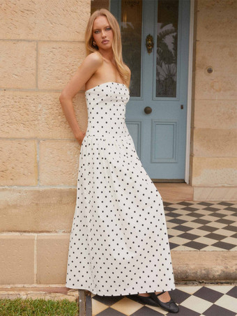 ストラップレスプリントマキシドレス（女性用） - ボヘミアン風バンドゥプリーツドロップウエストロングサマードレス - サマーガーデンパーティー2026