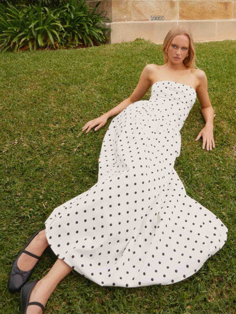 ストラップレスプリントマキシドレス（女性用） - ボヘミアン風バンドゥプリーツドロップウエストロングサマードレス - サマーガーデンパーティー2026