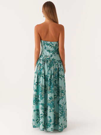 ストラップレスプリントマキシドレス（女性用） - ボヘミアン風バンドゥプリーツドロップウエストロングサマードレス - サマーガーデンパーティー2026