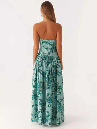 Strapless Printed Maxi Dress For Women - BoHo Bandeau Pleated Drop Waist Long Sundress - Summer Garden Party 2026