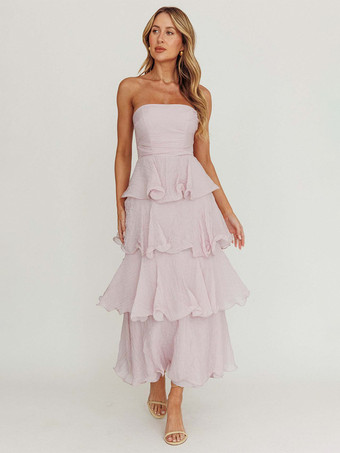 ティアードフリルマキシドレス（女性用） - ノースリーブレイヤードAラインチューブサマードレス - 夏の結婚式ゲスト向け 2026