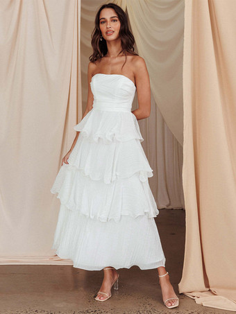 ホワイト ティアードフリルマキシドレス（女性用） - ノースリーブレイヤードAラインチューブサマードレス - 夏の結婚式ゲスト向け 2026