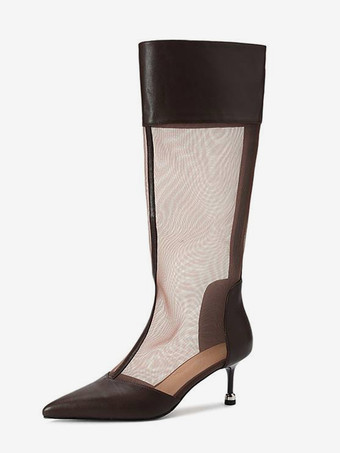 ブラウンハイヒールブーツ メッシュパッチワーク ポインテッドトゥ ニーハイブーツ