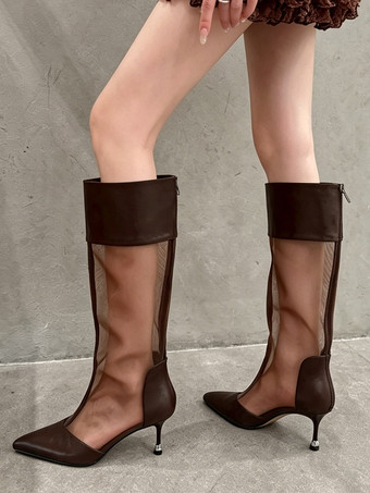 ハイヒールブーツ メッシュパッチワーク ポインテッドトゥ ニーハイブーツ