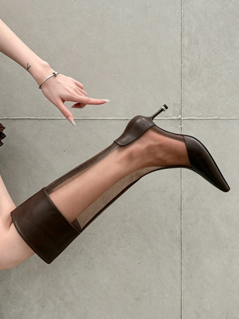 ハイヒールブーツ メッシュパッチワーク ポインテッドトゥ ニーハイブーツ