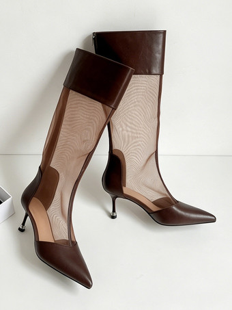 ハイヒールブーツ メッシュパッチワーク ポインテッドトゥ ニーハイブーツ
