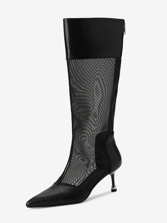 ブラック ハイヒールブーツ メッシュパッチワーク ポインテッドトゥ ニーハイブーツ