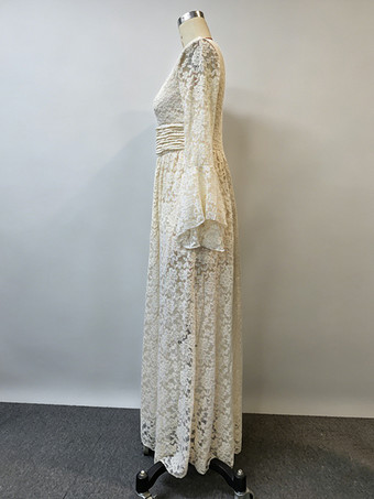 ボヘミアン風フローラルレースマキシドレス（レディース） - アプリコットカラーのVネック、エンパイアウエスト、フレアスリーブのロングガウン - スプリングビーチリゾート2026