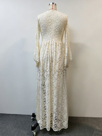 ボヘミアン風フローラルレースマキシドレス（レディース） - アプリコットカラーのVネック、エンパイアウエスト、フレアスリーブのロングガウン - スプリングビーチリゾート2026