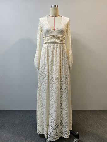 アプリコットボヘミアン風フローラルレースマキシドレス（レディース） - アプリコットカラーのVネック、エンパイアウエスト、フレアスリーブのロングガウン - スプリングビーチリゾート2026