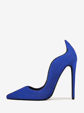 ブルー スエード素材のハイヒールパンプス、ポインテッドトゥ、スリッポンタイプのドレスパンプス