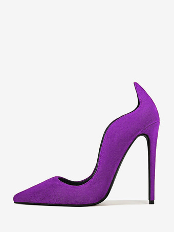 パープル スエード素材のハイヒールパンプス、ポインテッドトゥ、スリッポンタイプのドレスパンプス