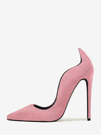ピンクスエード素材のハイヒールパンプス、ポインテッドトゥ、スリッポンタイプのドレスパンプス