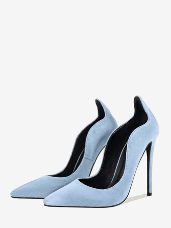 ベビーブルースエード素材のハイヒールパンプス、ポインテッドトゥ、スリッポンタイプのドレスパンプス