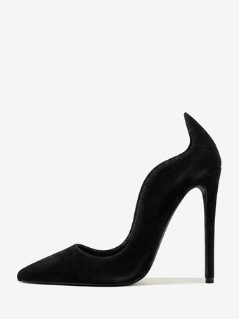ブラック スエード素材のハイヒールパンプス、ポインテッドトゥ、スリッポンタイプのドレスパンプス