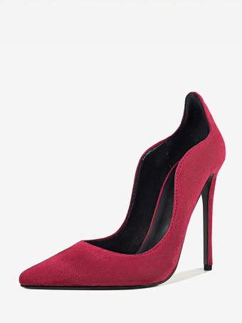 コーラルレッドスエード素材のハイヒールパンプス、ポインテッドトゥ、スリッポンタイプのドレスパンプス