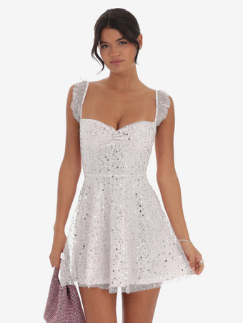 ホワイト スパンコールチュールミニドレス（女性用） - ハートネック、レースアップバック、ノースリーブ、Aラインサマードレス - 夏の誕生日パーティー2026