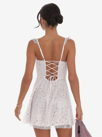 スパンコールチュールミニドレス（女性用） - ハートネック、レースアップバック、ノースリーブ、Aラインサマードレス - 夏の誕生日パーティー2026