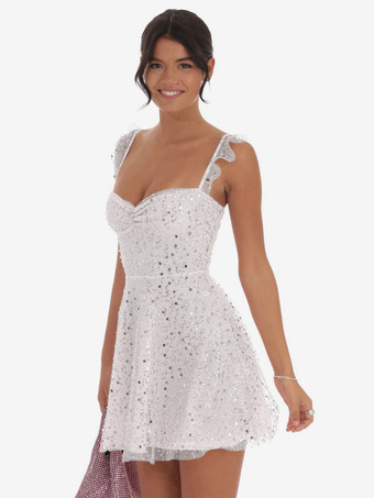 スパンコールチュールミニドレス（女性用） - ハートネック、レースアップバック、ノースリーブ、Aラインサマードレス - 夏の誕生日パーティー2026