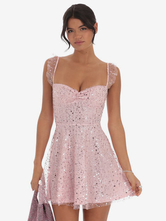 ピンクスパンコールチュールミニドレス（女性用） - ハートネック、レースアップバック、ノースリーブ、Aラインサマードレス - 夏の誕生日パーティー2026
