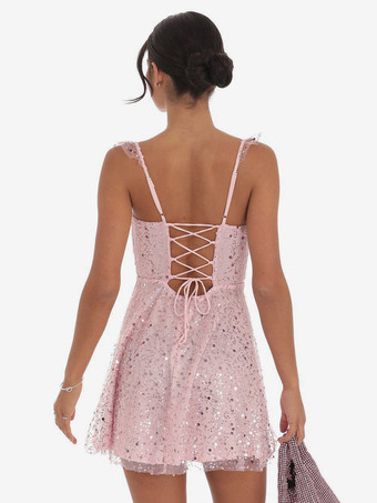 スパンコールチュールミニドレス（女性用） - ハートネック、レースアップバック、ノースリーブ、Aラインサマードレス - 夏の誕生日パーティー2026