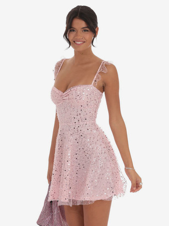 スパンコールチュールミニドレス（女性用） - ハートネック、レースアップバック、ノースリーブ、Aラインサマードレス - 夏の誕生日パーティー2026