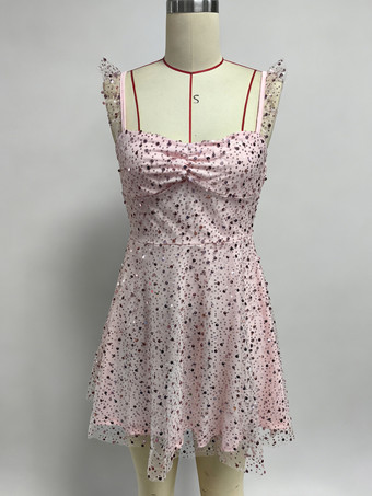 スパンコールチュールミニドレス（女性用） - ハートネック、レースアップバック、ノースリーブ、Aラインサマードレス - 夏の誕生日パーティー2026