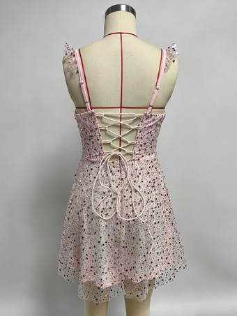 スパンコールチュールミニドレス（女性用） - ハートネック、レースアップバック、ノースリーブ、Aラインサマードレス - 夏の誕生日パーティー2026