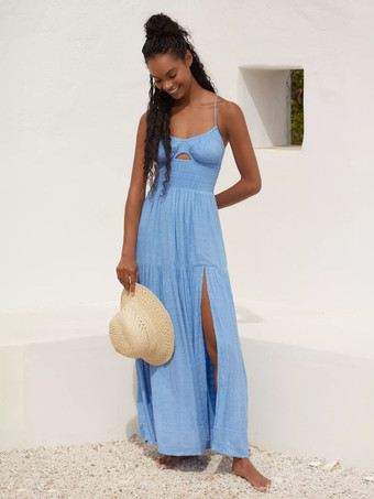 ライトスカイブルースモックバックレスマキシスリップドレス（女性用） - ボヘミアンカットアウトフロントハイスリットサマードレス - 2026年夏のビーチバケーション