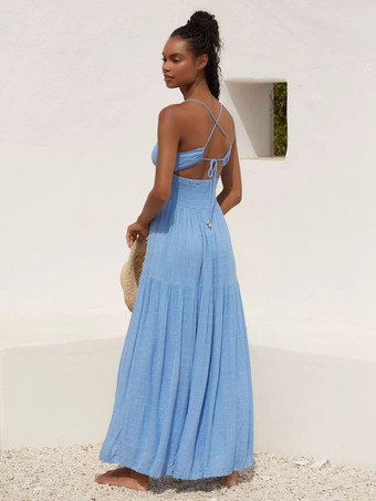 スモックバックレスマキシスリップドレス（女性用） - ボヘミアンカットアウトフロントハイスリットサマードレス - 2026年夏のビーチバケーション