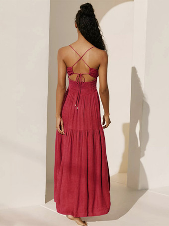 スモックバックレスマキシスリップドレス（女性用） - ボヘミアンカットアウトフロントハイスリットサマードレス - 2026年夏のビーチバケーション