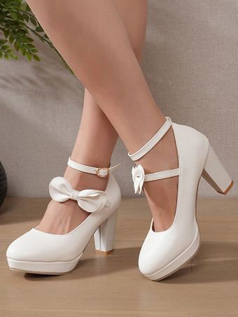 スウィートロリータ メリージェーンシューズ ホワイトリボン PUレザー チャンキーヒール ロリータパンプス