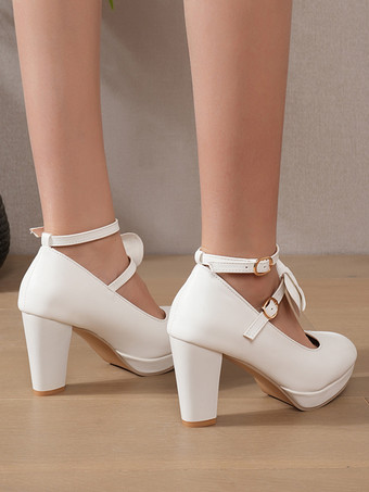 スウィートロリータ メリージェーンシューズ ホワイトリボン PUレザー チャンキーヒール ロリータパンプス