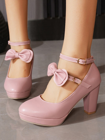 スウィートロリータ メリージェーンシューズ ホワイトリボン PUレザー チャンキーヒール ロリータパンプス