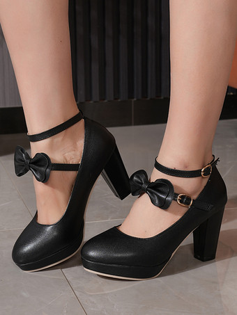 ブラック スウィートロリータ メリージェーンシューズ ホワイトリボン PUレザー チャンキーヒール ロリータパンプス