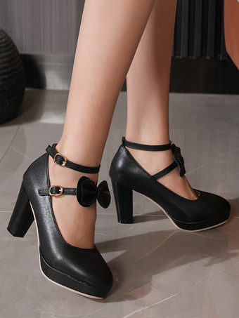 スウィートロリータ メリージェーンシューズ ホワイトリボン PUレザー チャンキーヒール ロリータパンプス